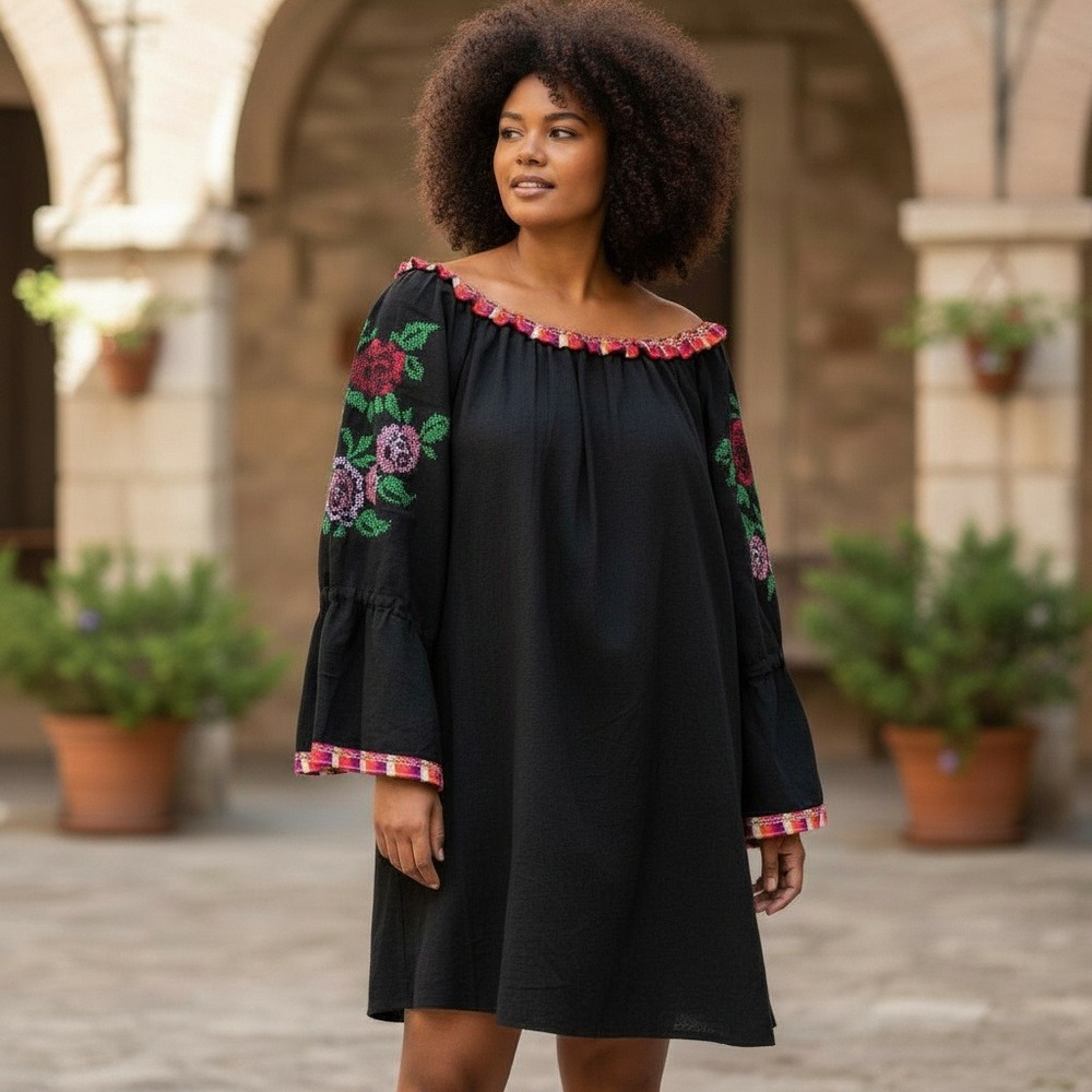 VELZERA Tunic Dress Cotton 1XL Peasant Black‎ Off Shoulder Embroidered Floral